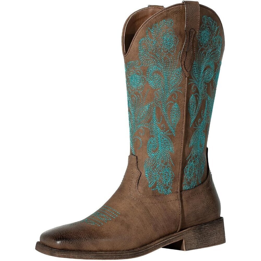 Women Dark-Brown Square Toe Calf High Fashion Western Embroidered Cowgirl Boots